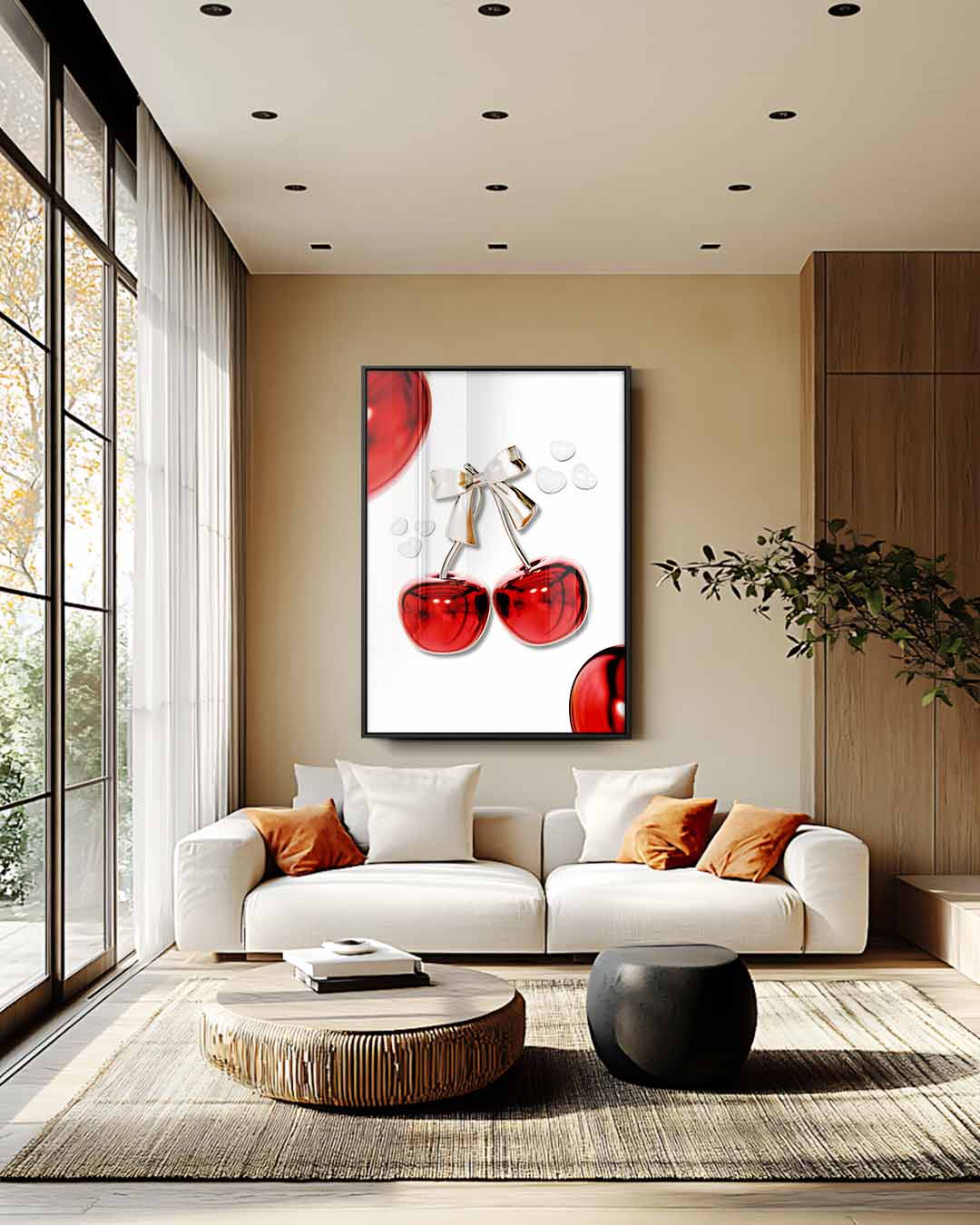 Glanzende Kersen met Strik – staande wandkunst voor woonkamer of interieur