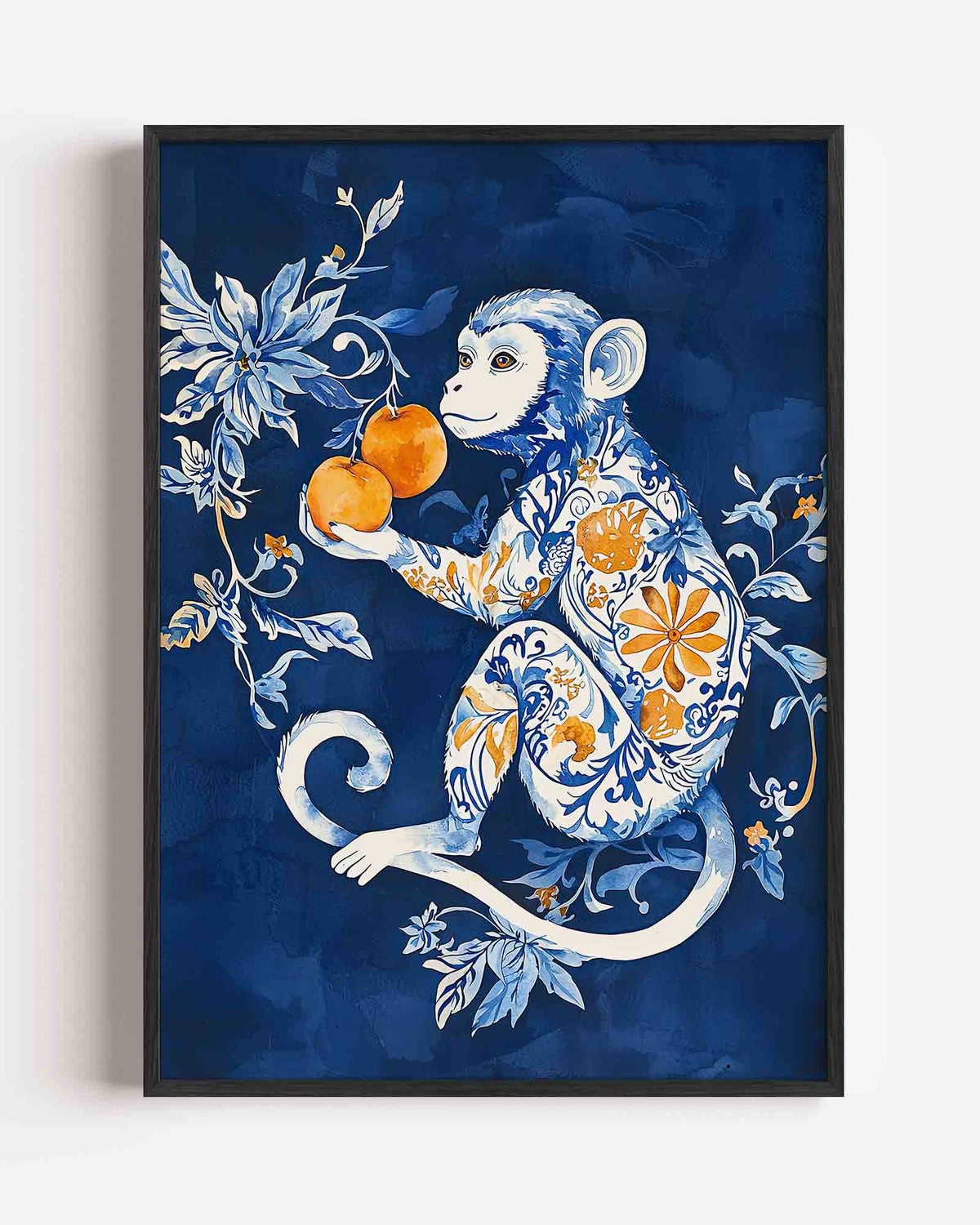 Aap met sinaasappels – dieren portret poster als wanddecoratie