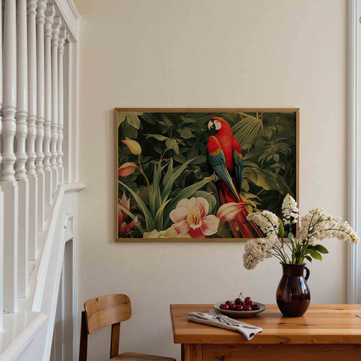 Papegaai en bloemen – tropische poster in liggend formaat