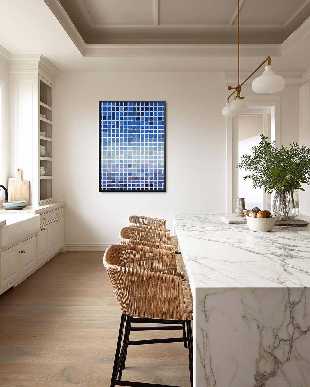 Blauwe rasterpatronen – staand wanddecoratie kunstwerk
