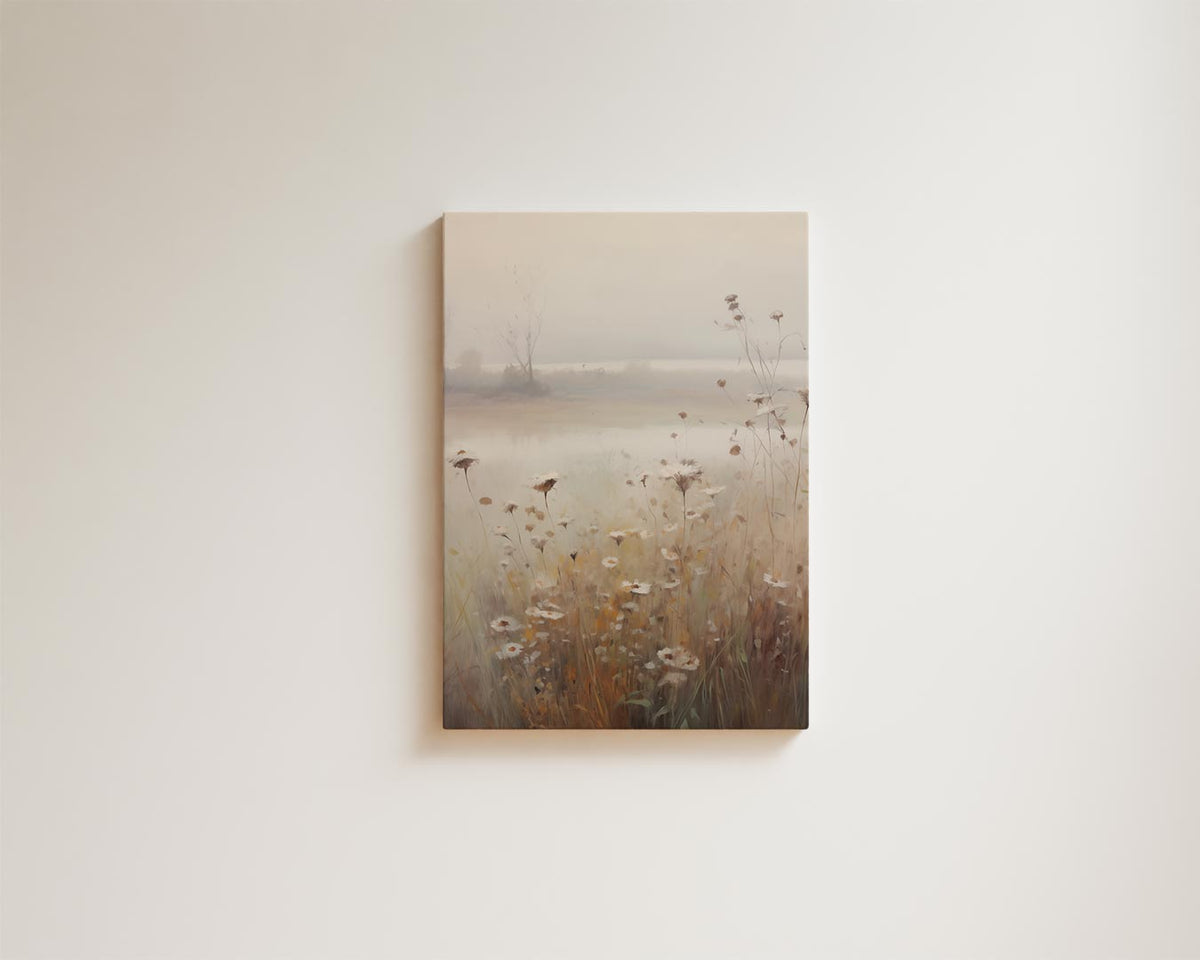 Mistige Bloemenweelde in de Ochtend – kunstwerk met zwarte baklijst