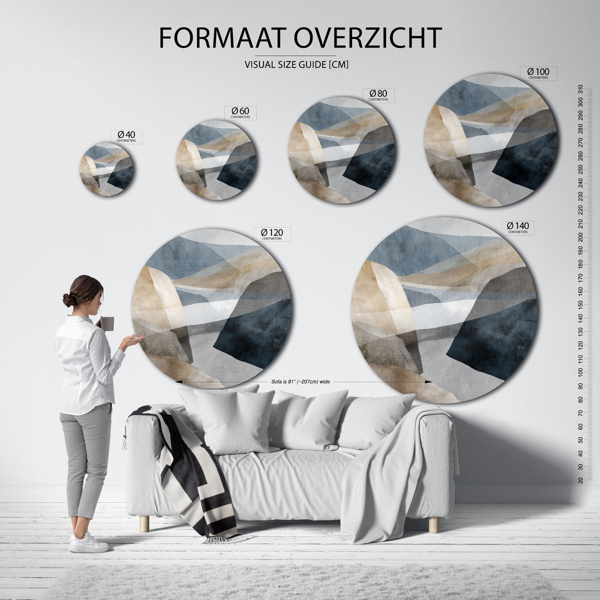 Landschap in lagen – moderne ronde muurdecoratie met abstracte vormen