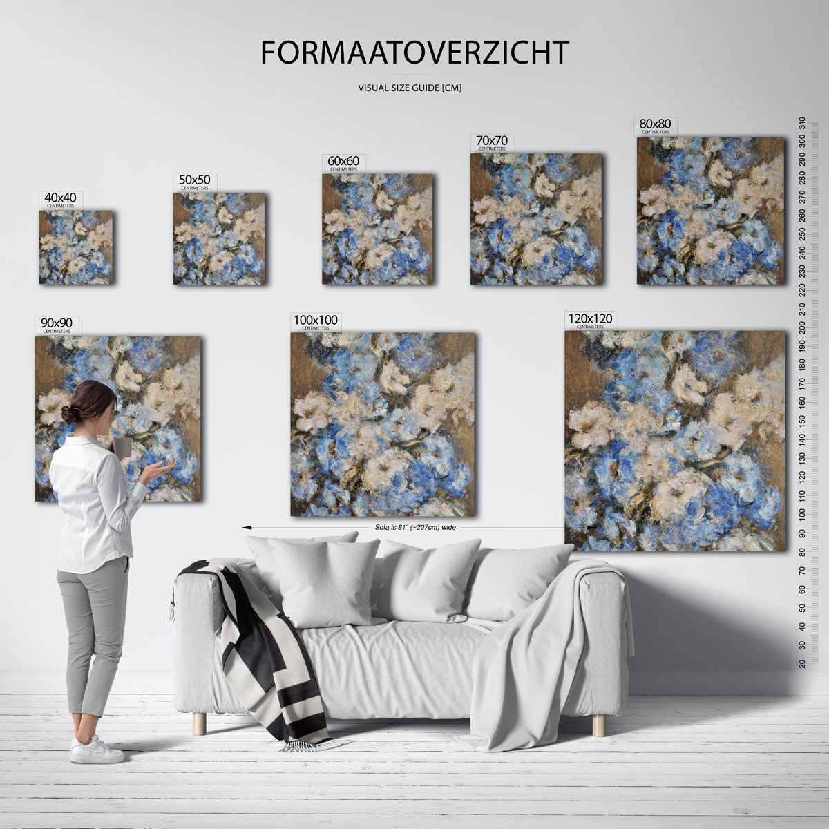 Blauwe bloemen – vierkante muurposter met zachte abstracte vormen
