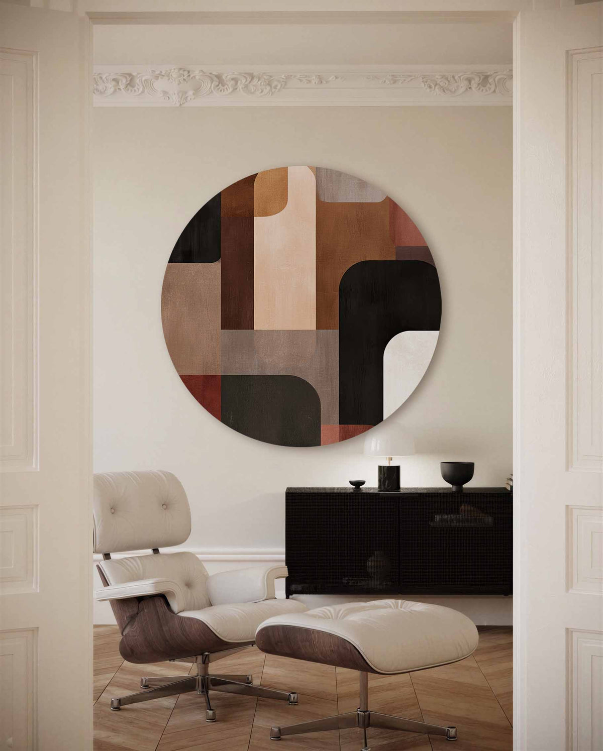 Abstracte vormen – portret muurcirkel als ronde muurdecoratie