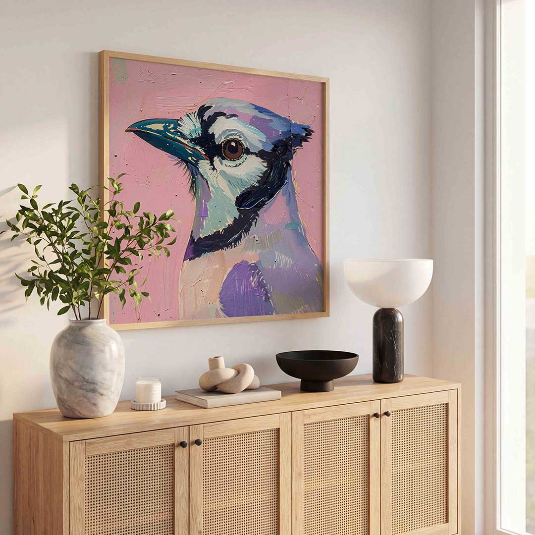 Vogel op roze achtergrond – illustratie poster in vierkant formaat