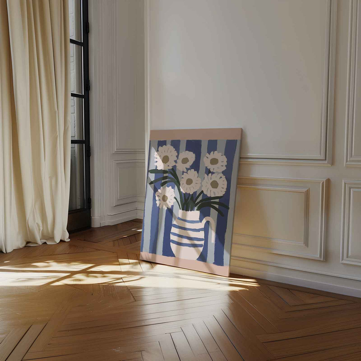 Bloemen in Blauwe Strepen – portret kunstwerk als wanddecoratie, afbeelding 14