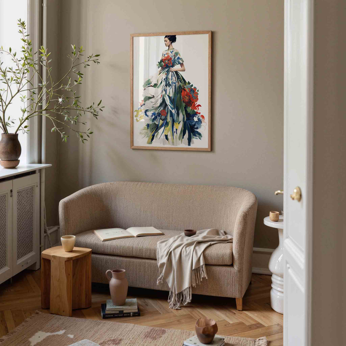 Vrouw in bloemenjurk – botanische poster in staand formaat