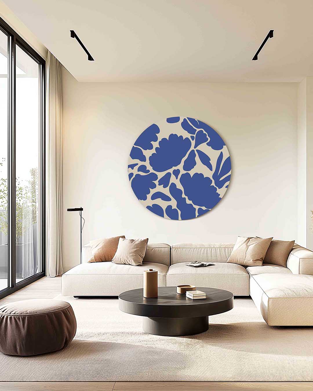Blauwe bloemen – kleurrijke muurcirkel als ronde wanddecoratie