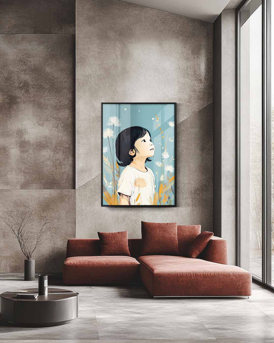 Dromerig Kind in Bloeiende Natuur – staande wandkunst voor woonkamer of interieur