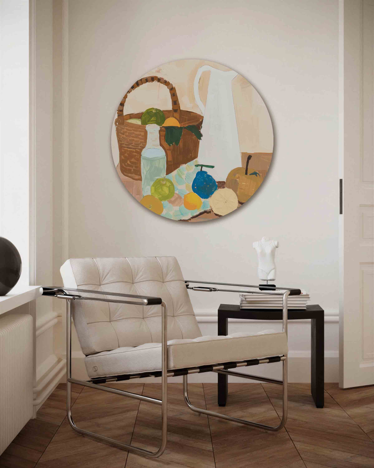 Stilleven met fruit en karaf – kleurrijke muurcirkel als ronde wanddecoratie