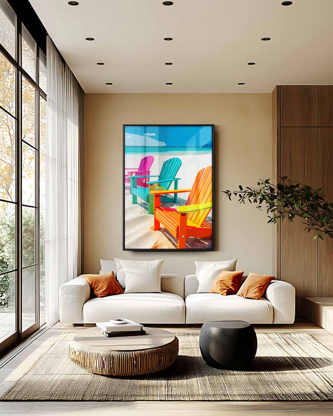 Kleurrijke Strandstoelen aan Zee – modern portret kunstwerk van WallArtistic