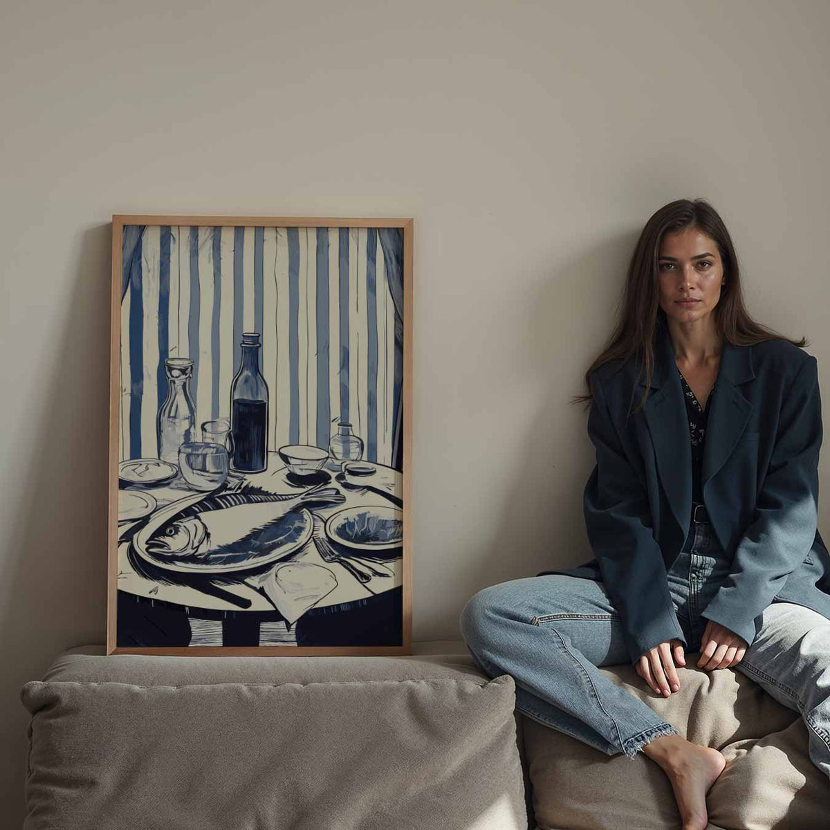 Elegante Tafelscène in Blauwtinten – staande keuken wanddecoratie van WallArtistic