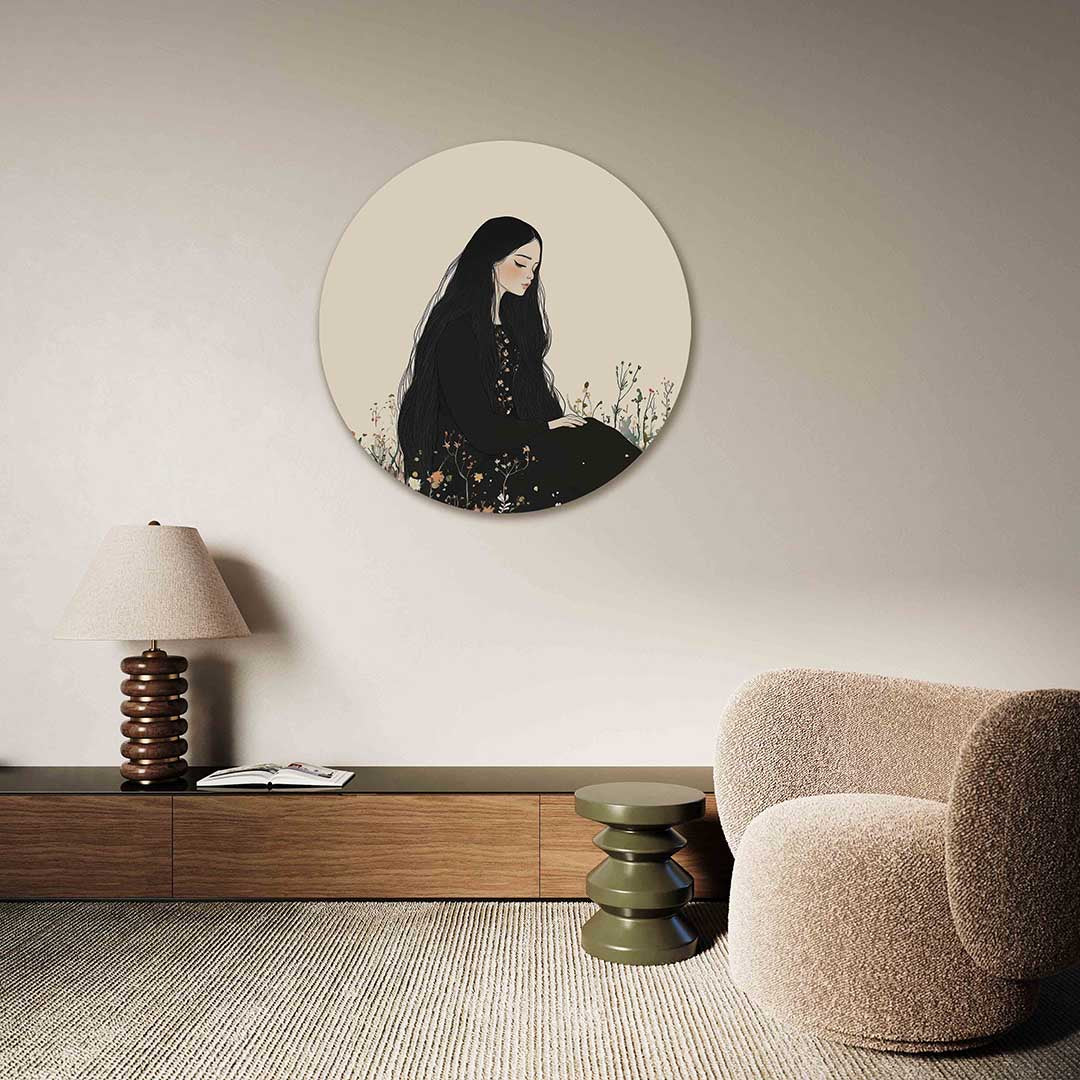Vrouw in bloemenveld – abstracte muurcirkel als ronde wanddecoratie