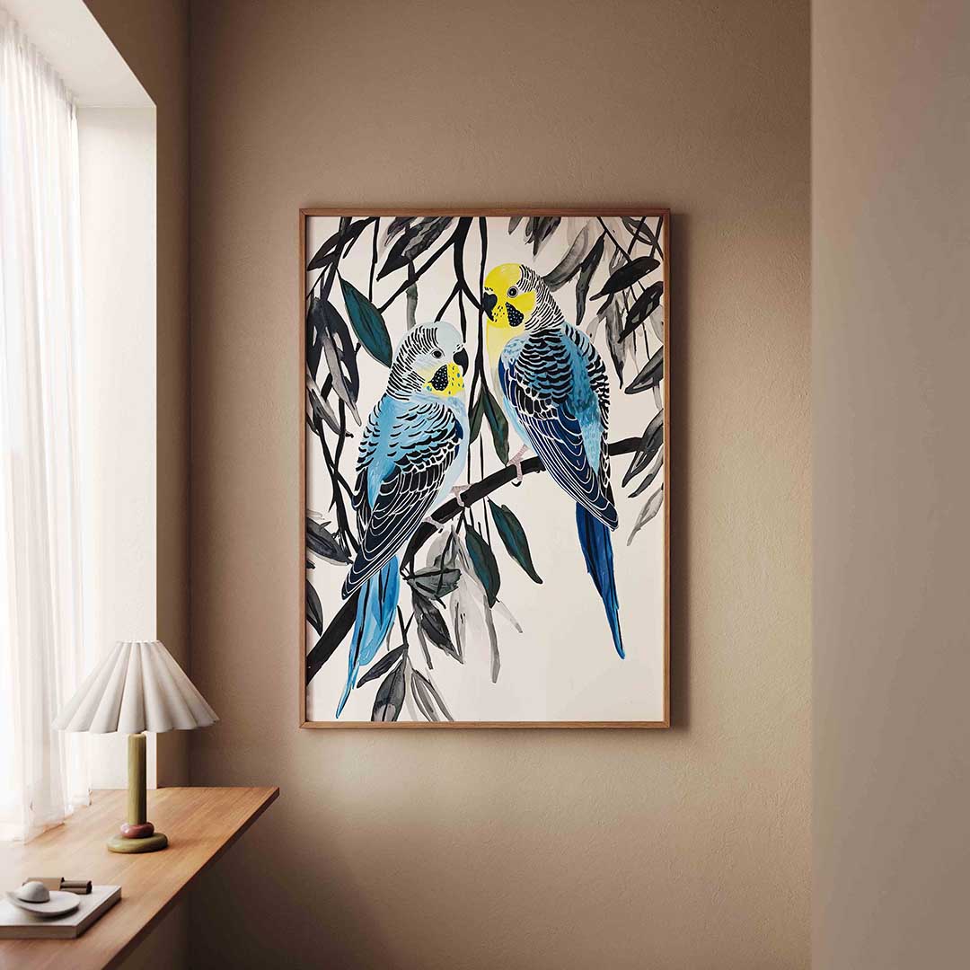 Papegaaien op tak – staande dieren wanddecoratie van WallArtistic
