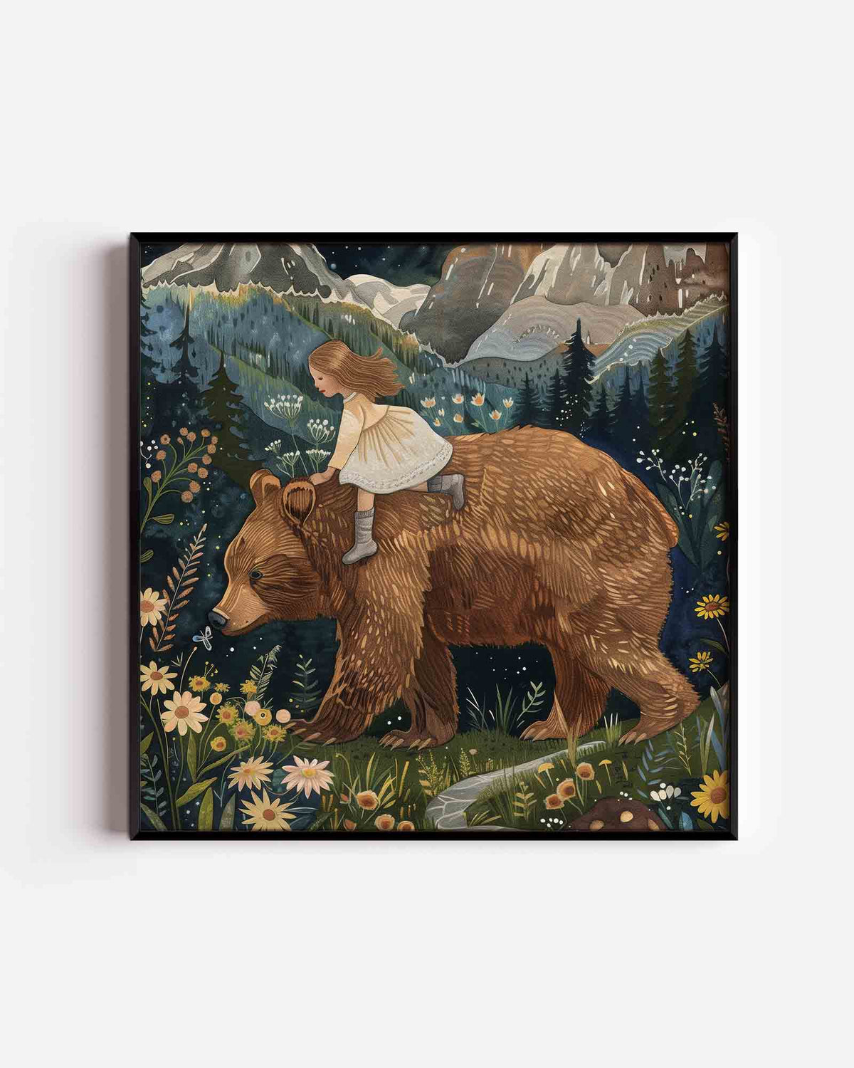 Meisje op beer – vierkante kinderposter als wanddecoratie