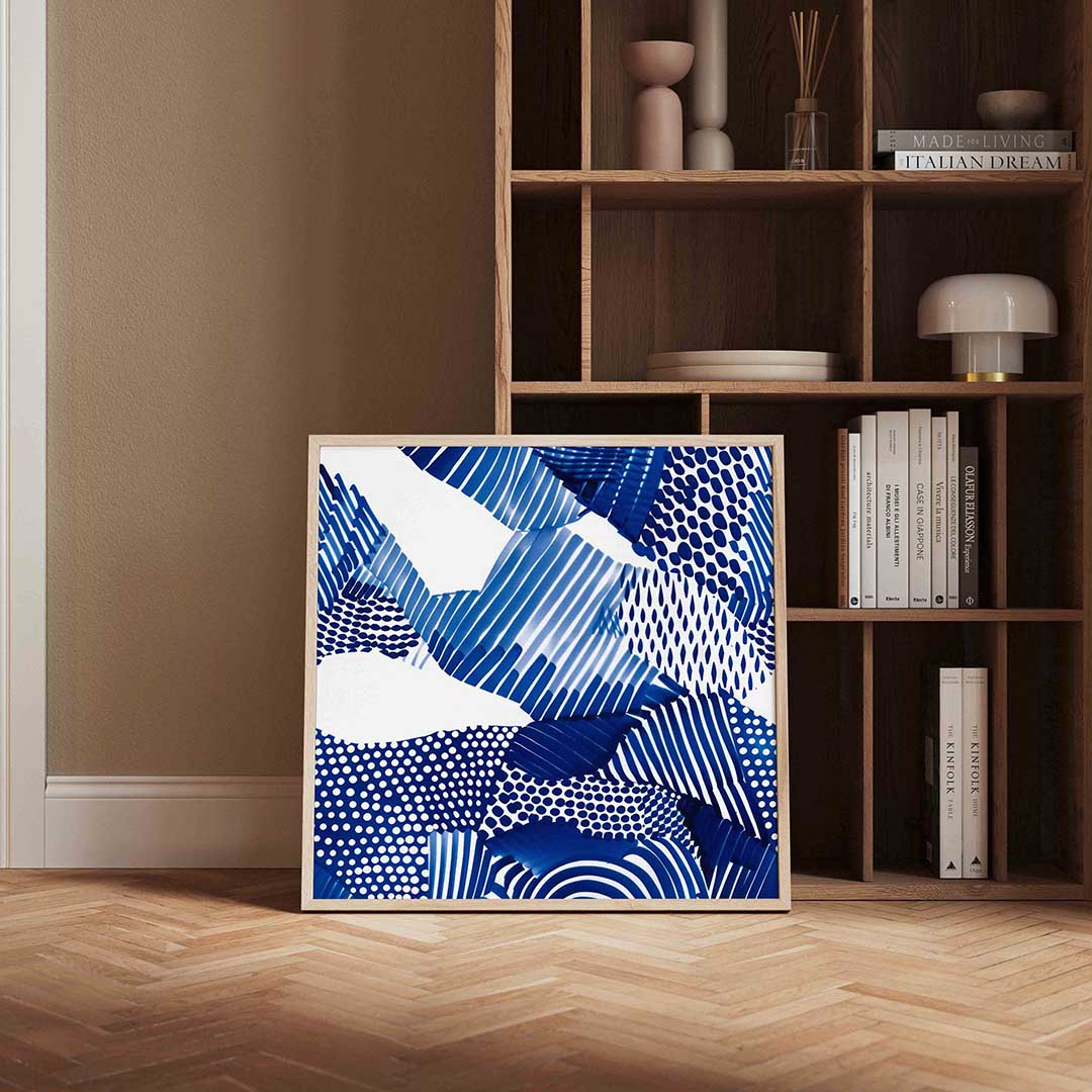 Abstracte blauwe patronen – kleurrijke vierkante wanddecoratie van WallArtistic