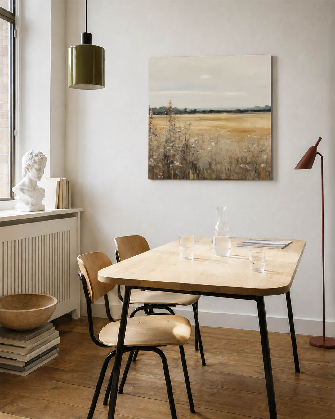Rustig landschap kunstwerk – detailweergave – dit werk toont een uitgestrekt veld met zachte kleuren en subtiele lijnen. De