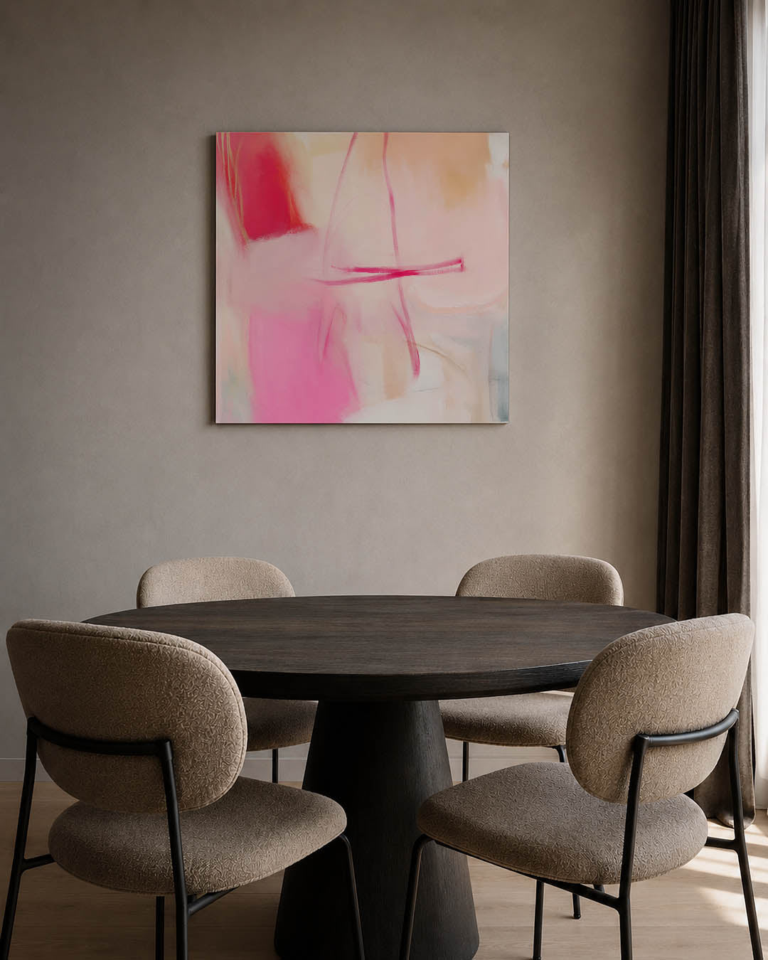 Zachte kleuren compositie kunstwerk – tweede productweergave – dit werk toont een vloeiende compositie van roze en beige