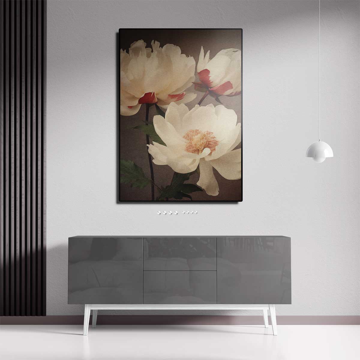 Elegantie van Witte Pioenrozen – staande wandkunst voor woonkamer of interieur