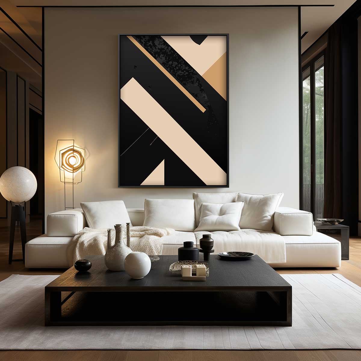 Abstracte Beige Lijnen op Zwart – modern portret kunstwerk van WallArtistic
