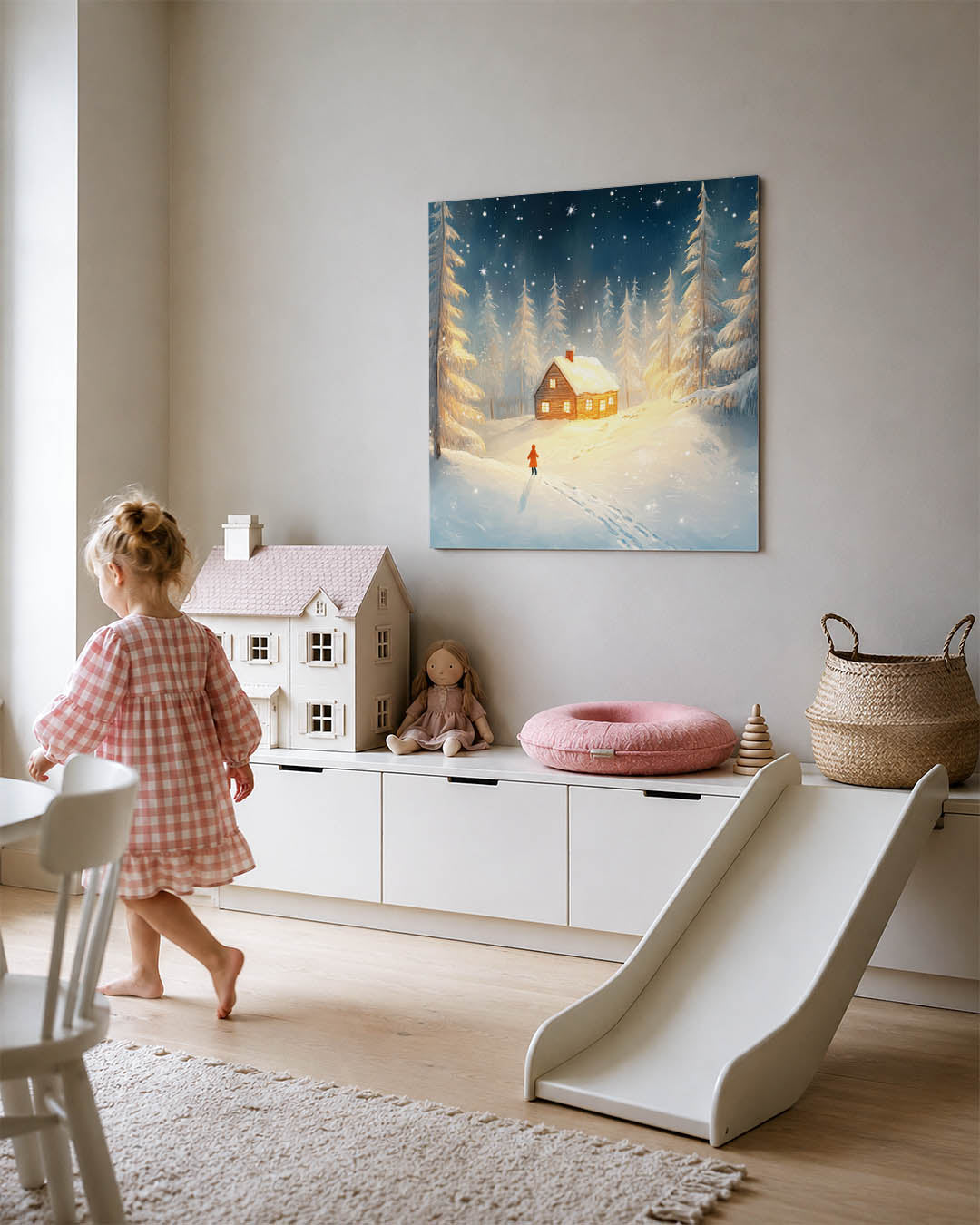 Winterse avond kunstwerk – tweede productweergave – een sfeervol winterlandschap met een verlicht huisje omringd door