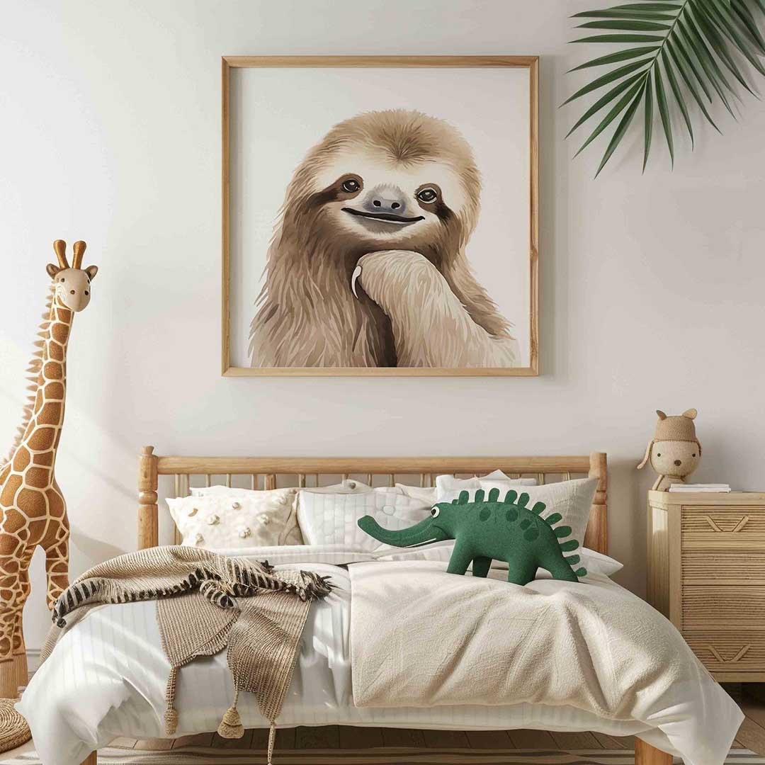 Lachende luiaard – vierkante kinderkamer wanddecoratie van WallArtistic
