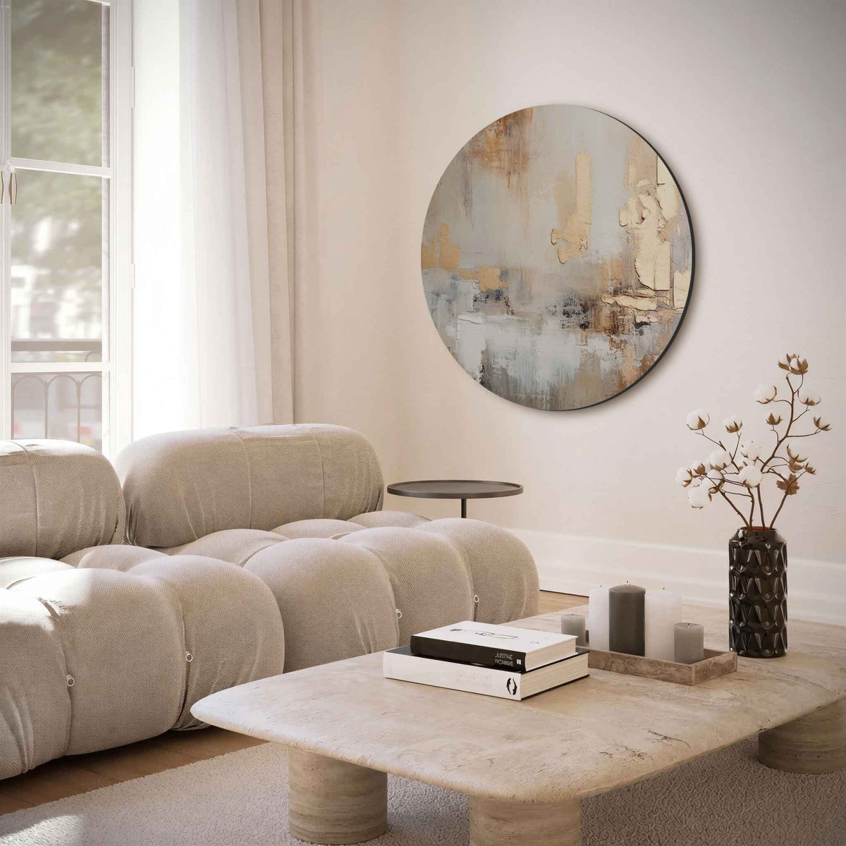 Abstracte beige – muurcirkel met abstracte texturen voor aan de muur