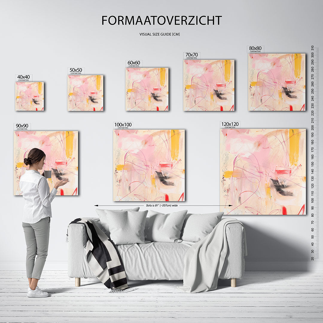Dynamische kleurenexplosie kunstwerk – materiaalweergave – dit kunstwerk toont een levendige mix van roze, geel en zwart-wit
