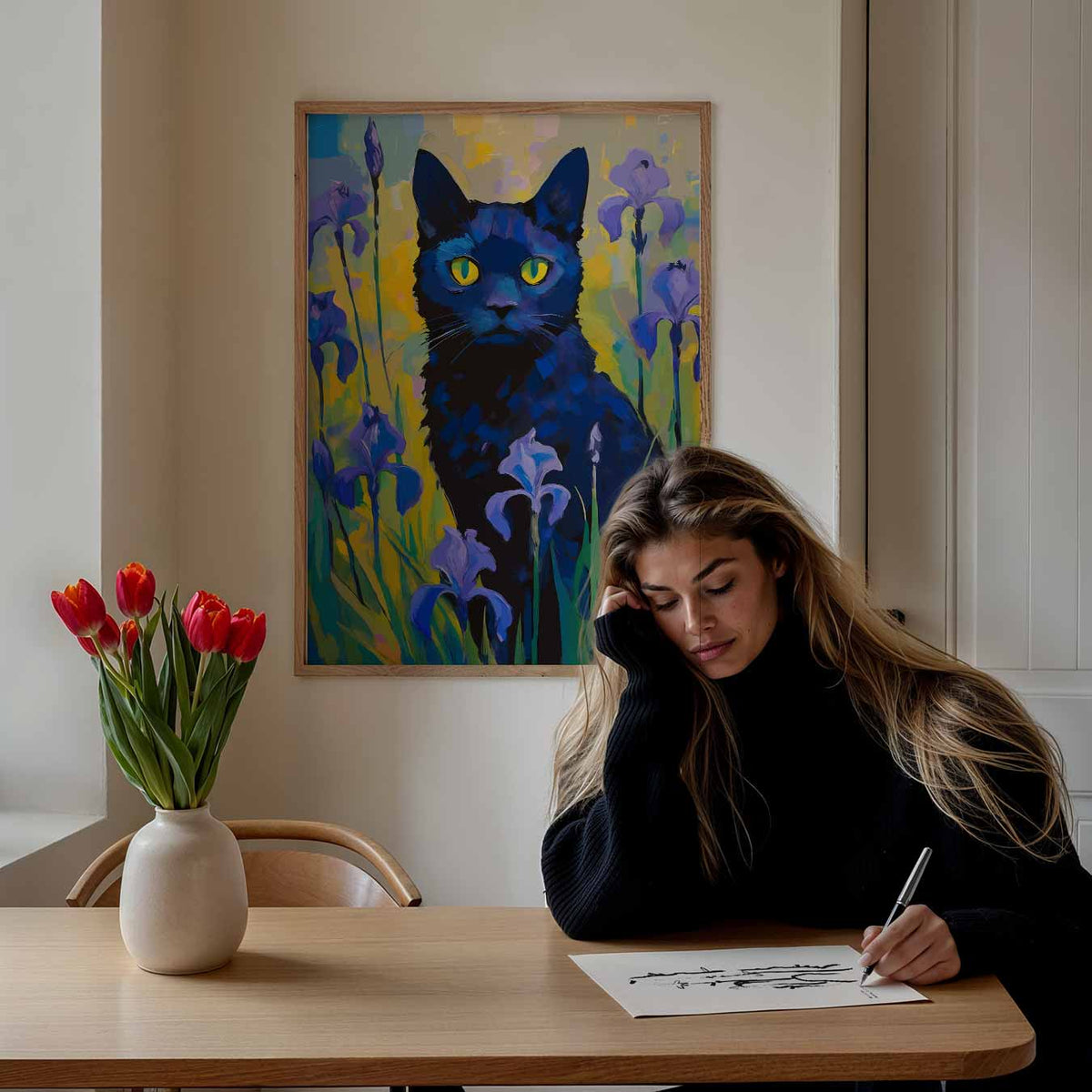 Mystieke Kat in Bloementuin – staande dieren wanddecoratie van WallArtistic