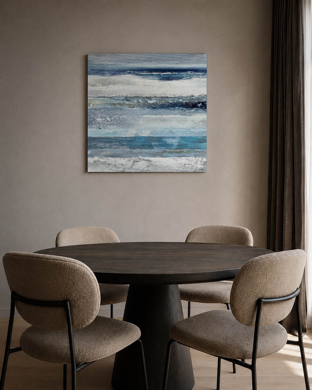 Horizontale kleurenlagen kunstwerk – tweede productweergave – dit werk toont horizontale lagen in verschillende tinten blauw
