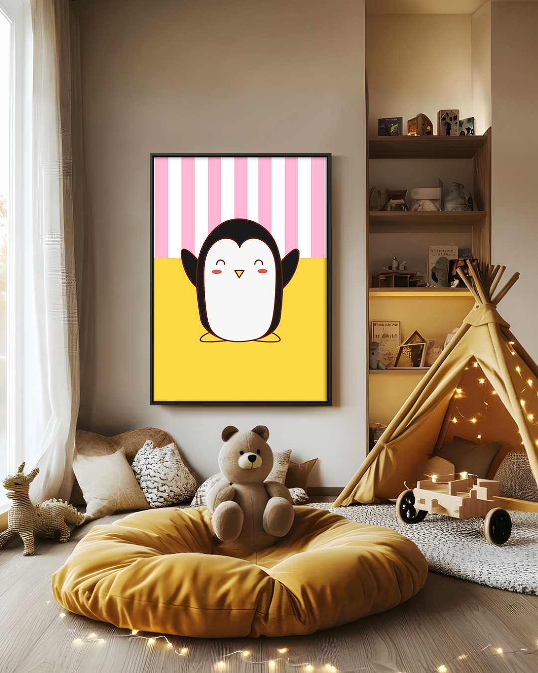 Blije Pinguïn Illustratie – modern portret kunstwerk van WallArtistic