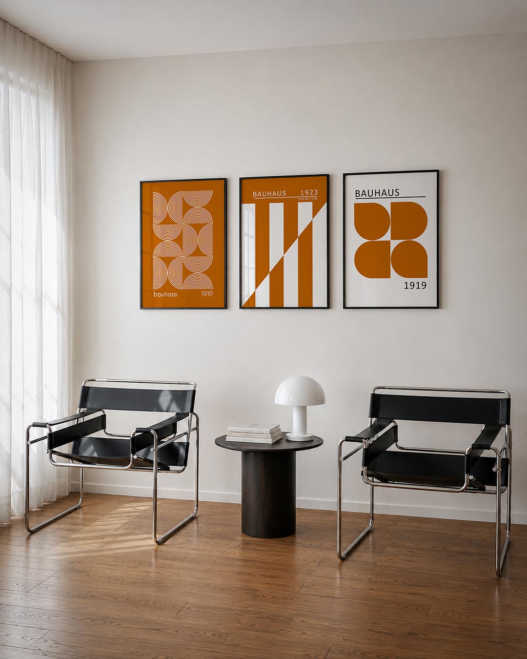 Cirkelritme en lijnen driedelige posterset – deze posterset in drie delen toont een speelse ordening van halve cirkels en