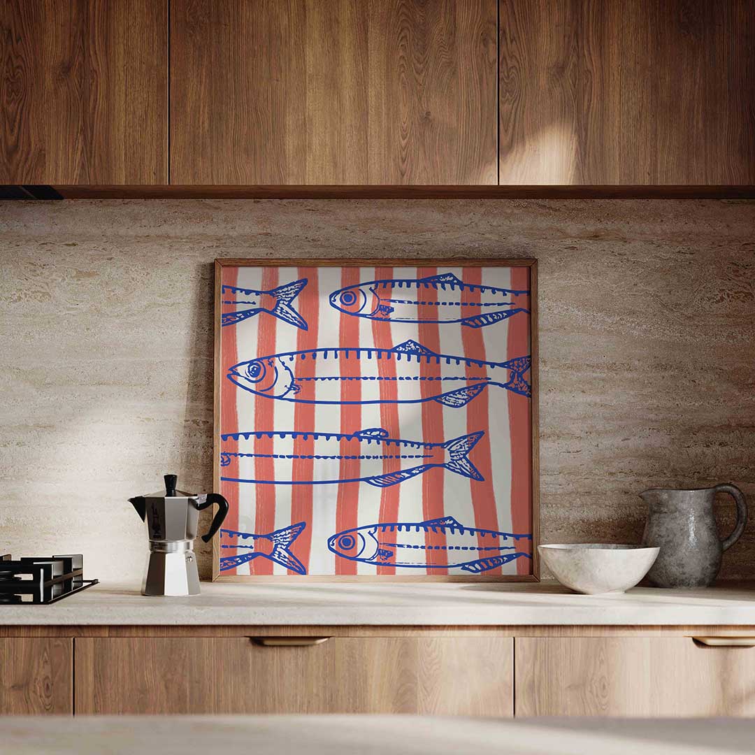 Vissen en strepen – culinaire wandkunst als vierkante poster