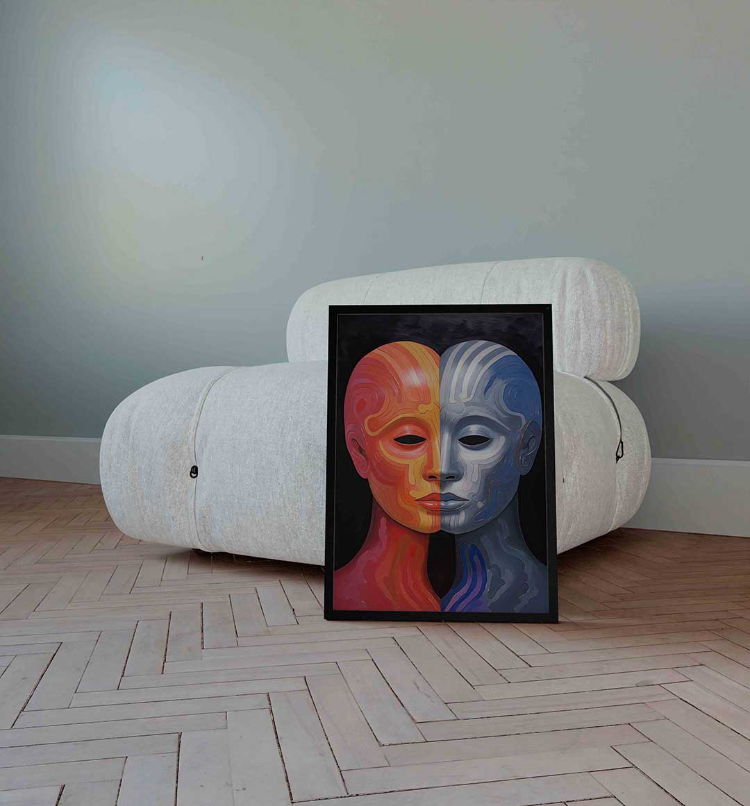 Tweekleurig gezicht – surrealistische wandkunst als portret poster