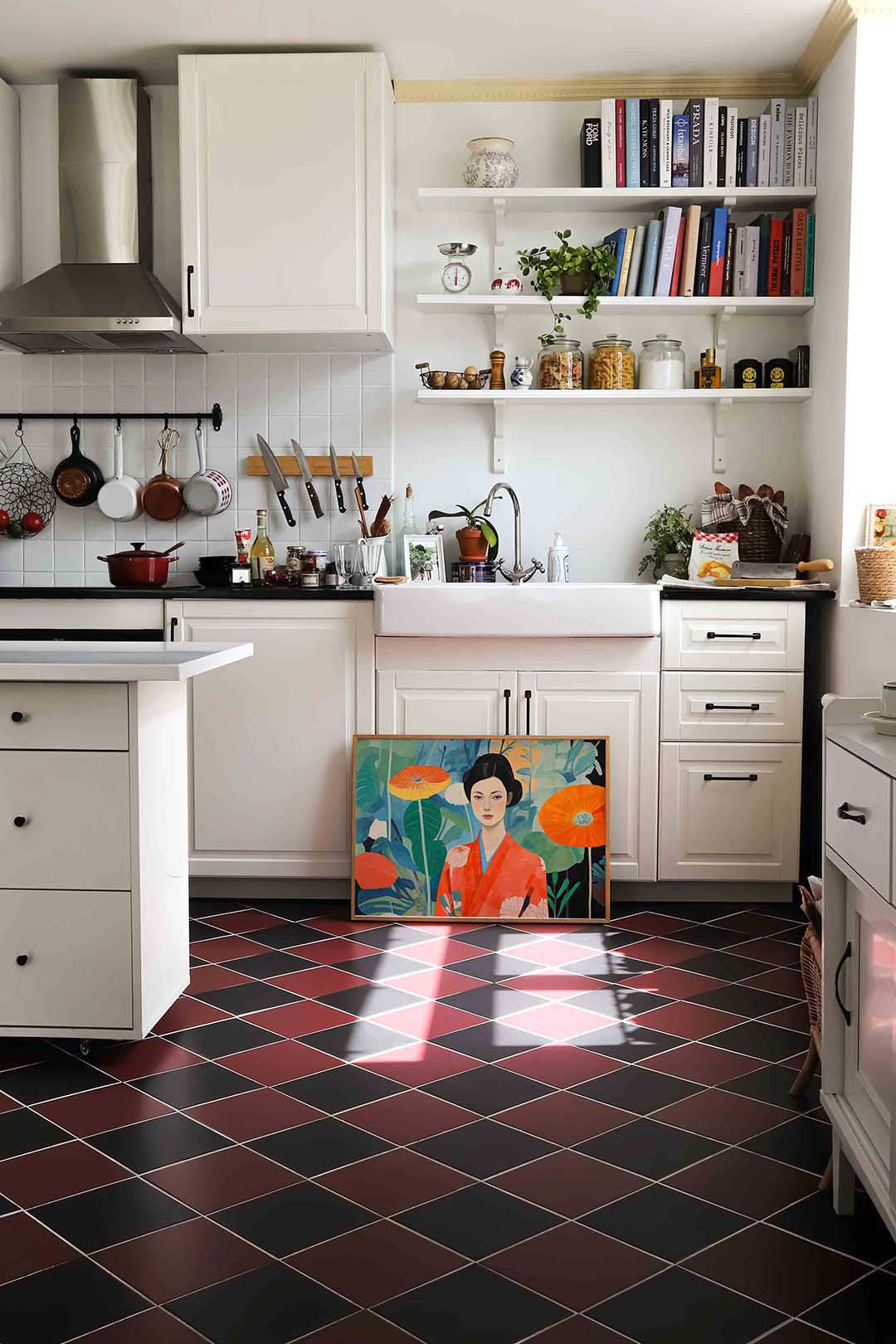 Vrouw in kimono met bloemen – liggende keuken wanddecoratie van WallArtistic