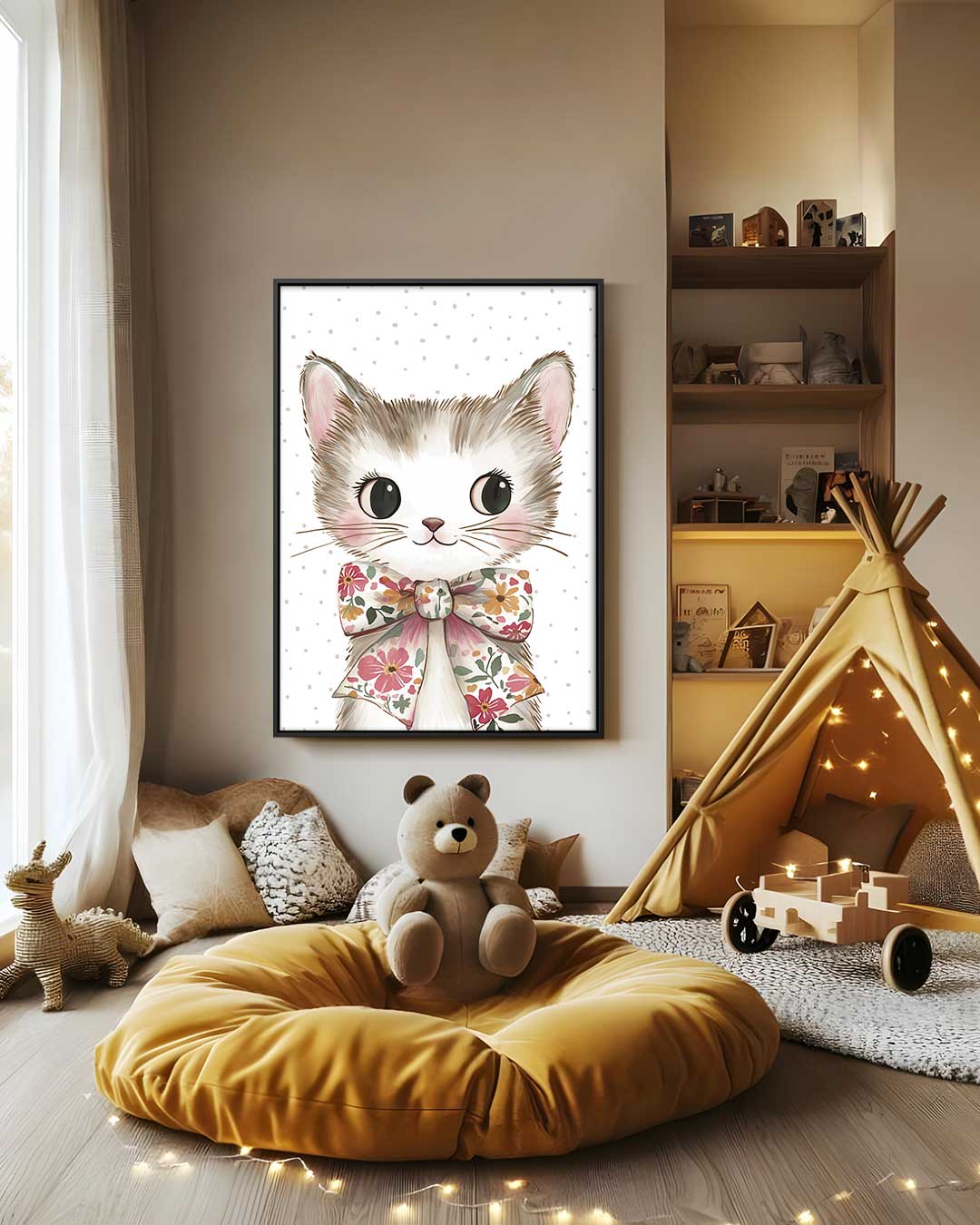 Schattige Kat met Bloemenstrik – staand kunstwerk voor modern interieur