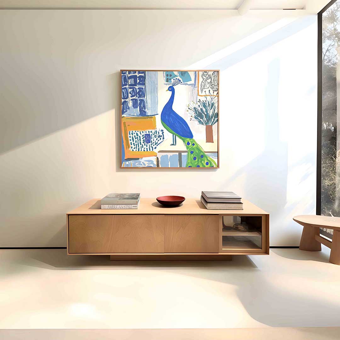 Pauw in interieur – vierkante dieren wanddecoratie van WallArtistic