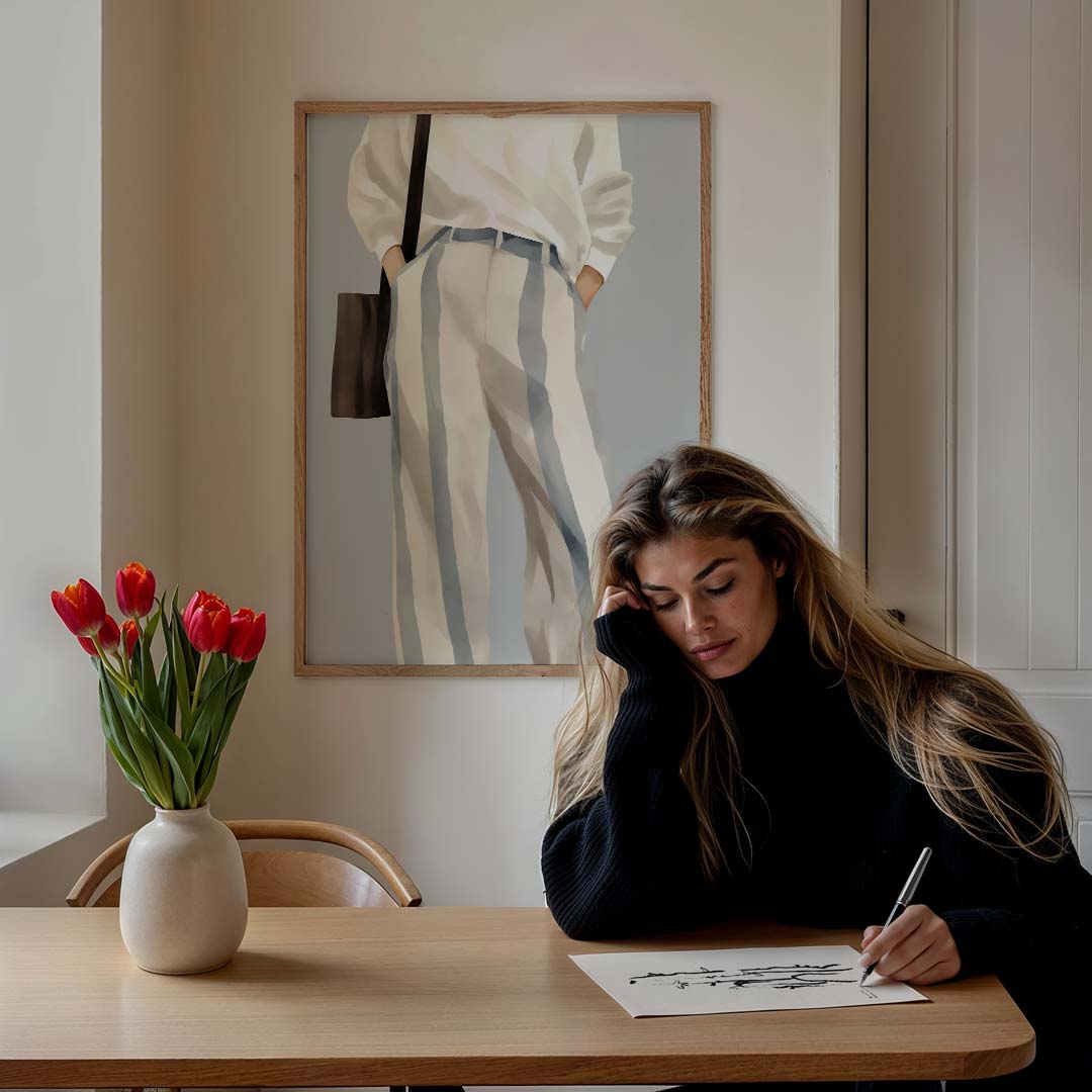 Stijlvolle Strepen Chic – staande vrouwelijke wanddecoratie van WallArtistic
