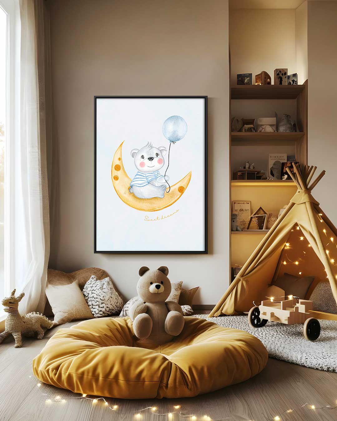 Schattige Beer op Maan – staand kunstwerk voor modern interieur