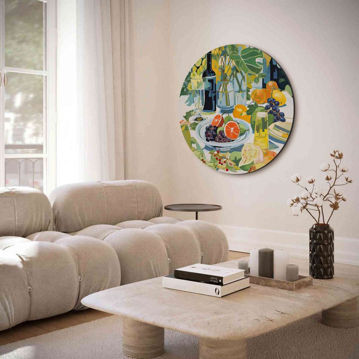 Fruit en flessen – muurcirkel met abstracte texturen voor aan de muur