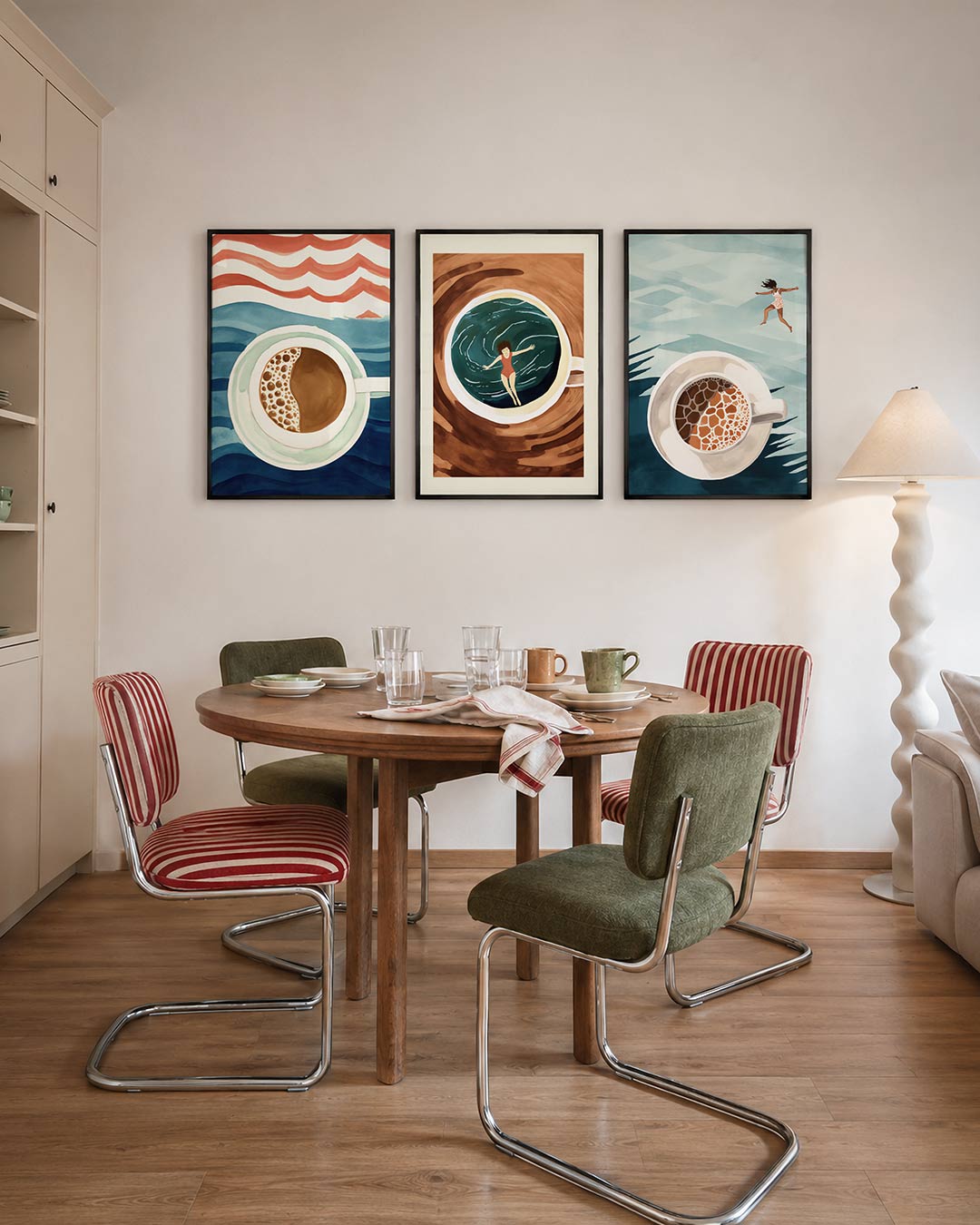 Golvend kleurenspel – deze afbeelding toont een kop koffie met speelse golvende lijnen in rood en