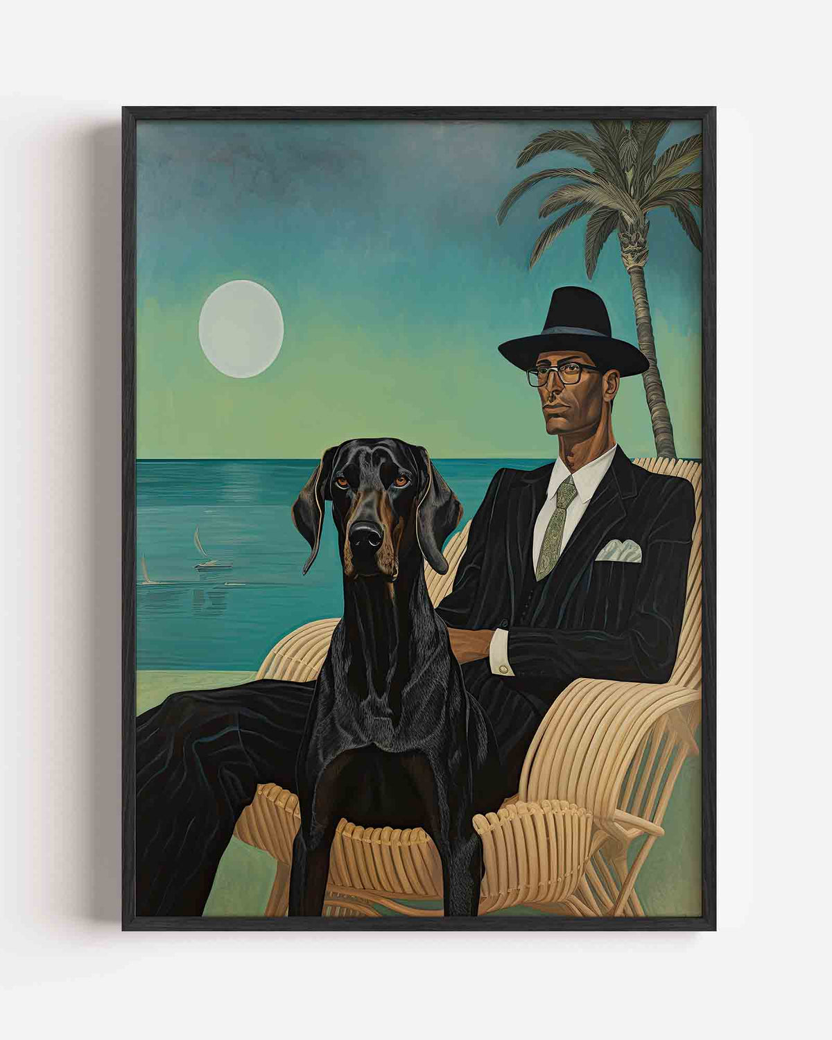Man met hond en palmboom – kleurrijke illustratie portret poster als wanddecoratie