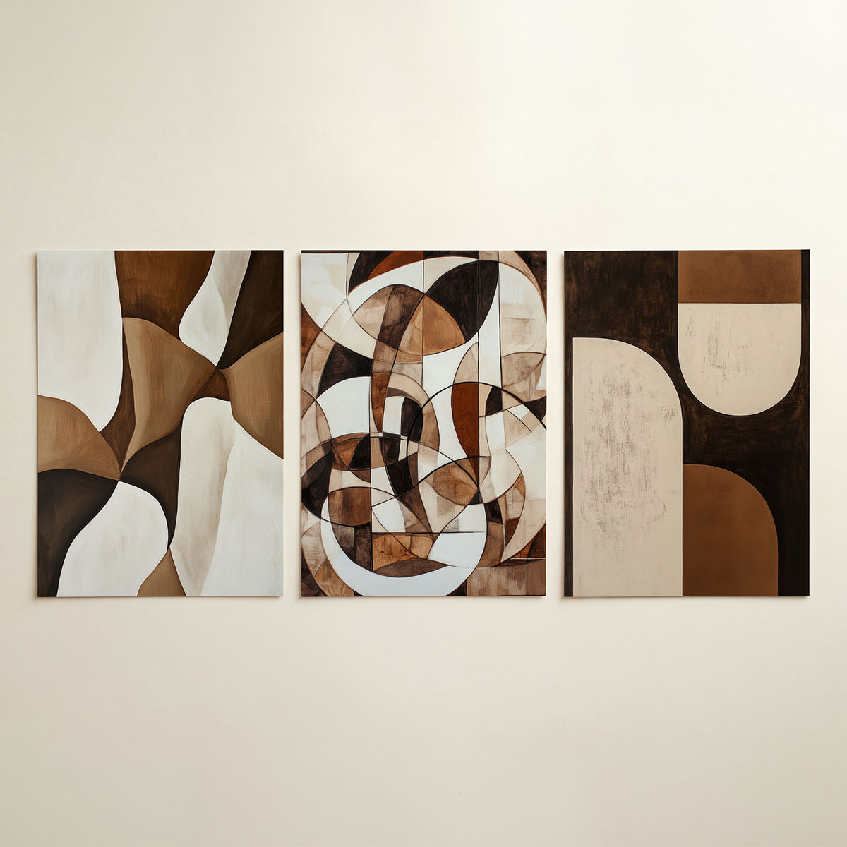 Vloeiende vormen driedelige posterset in interieur
