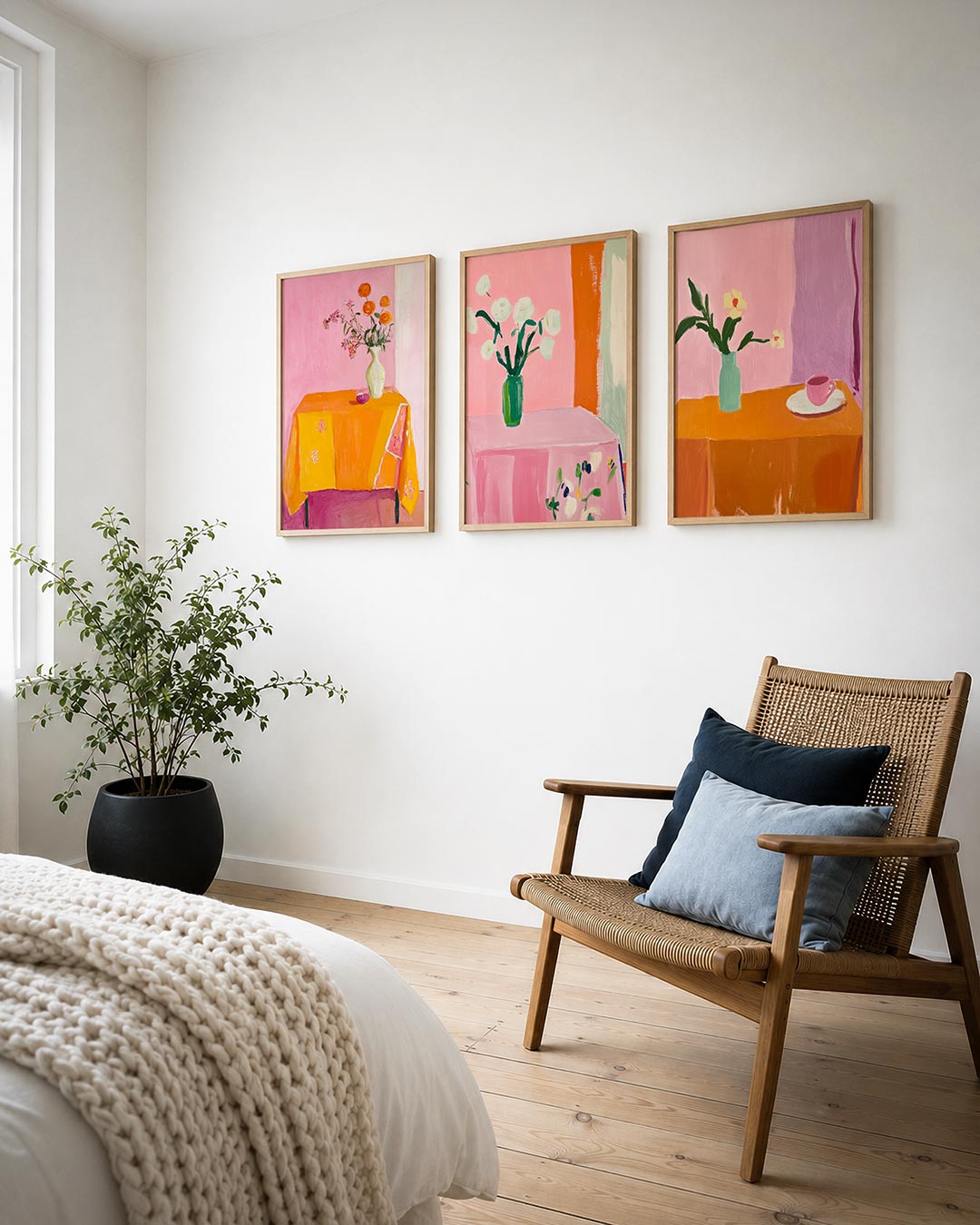 Kleur en bloemen posterset – detailweergave – een levendige compositie met een roze achtergrond, een