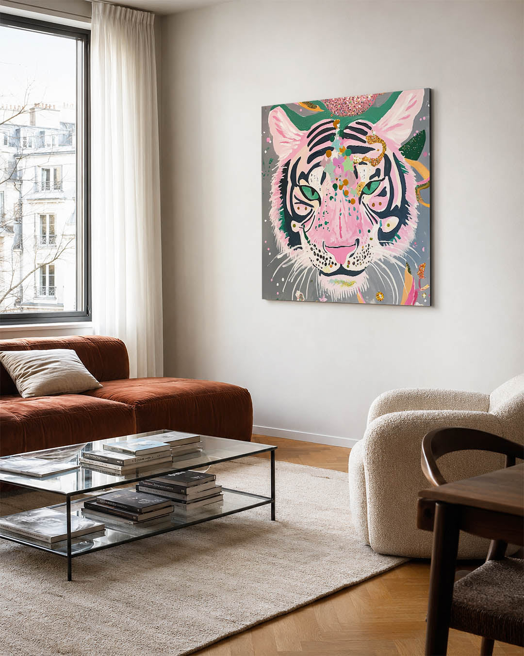 Kleurrijke tijgerkop kunstwerk – vierkante wanddecoratie – dit werk toont een expressieve tijgerkop met levendige kleuren en