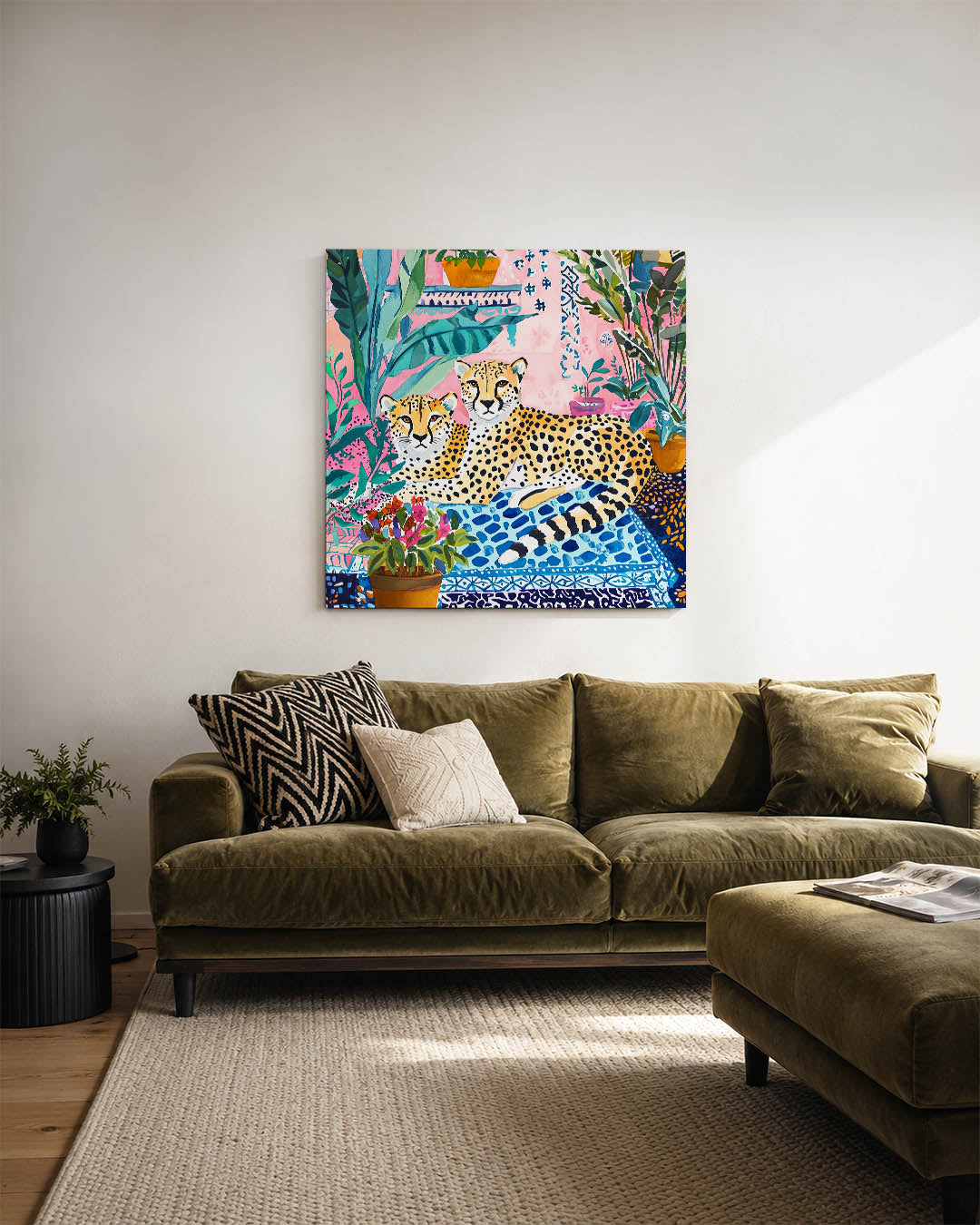 Exotische dieren en planten kunstwerk – sfeerbeeld – dit werk toont twee luipaarden te midden van een weelderige verzameling
