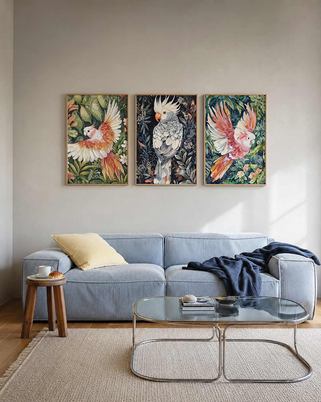 Vleugel en blad posterset – tweede productweergave – een kleurrijke vogel met oranje en witte veren vliegt te