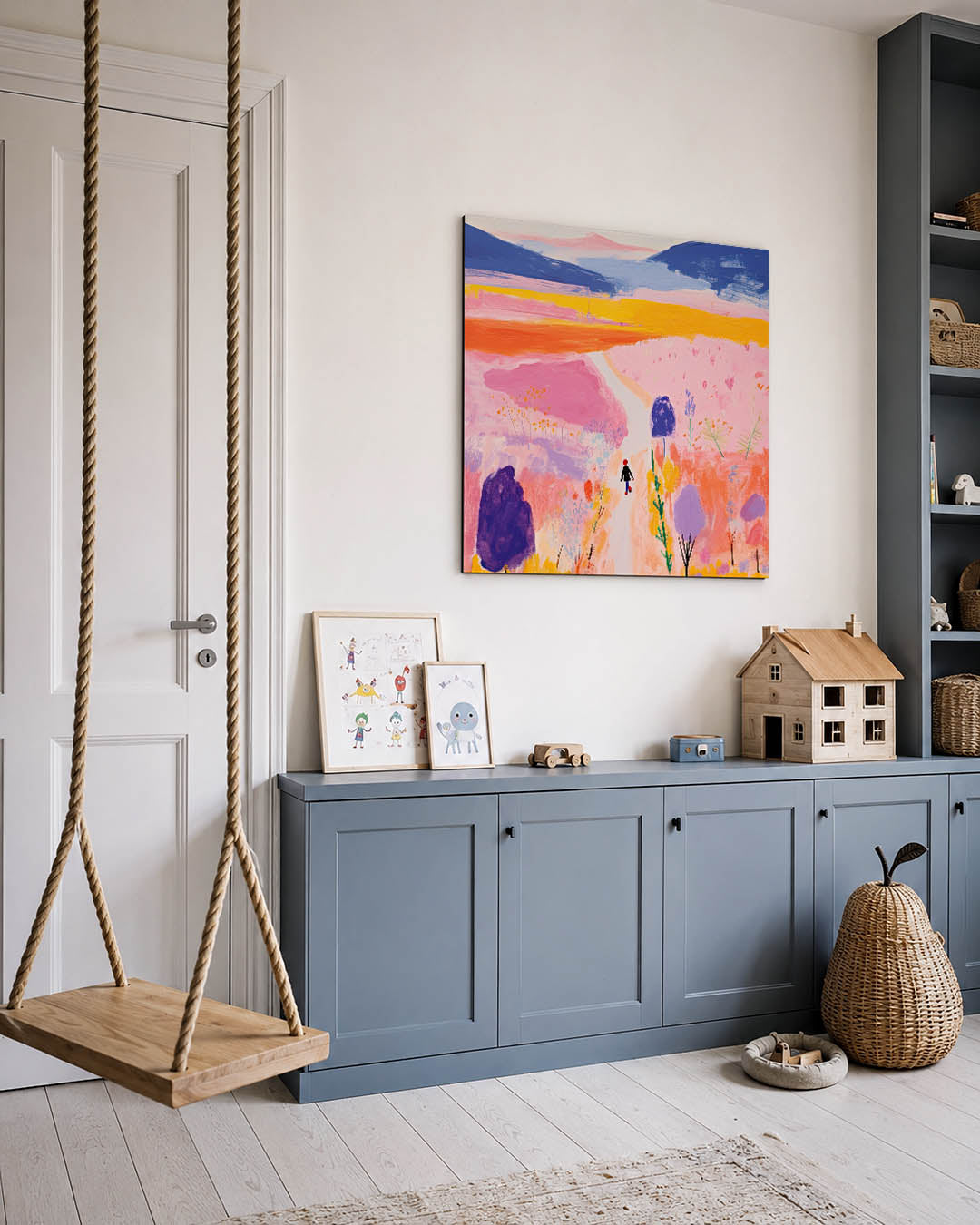 Kleurrijke landschap wandeling kunstwerk – vierkante wanddecoratie – dit kunstwerk toont een levendig landschap met een pad