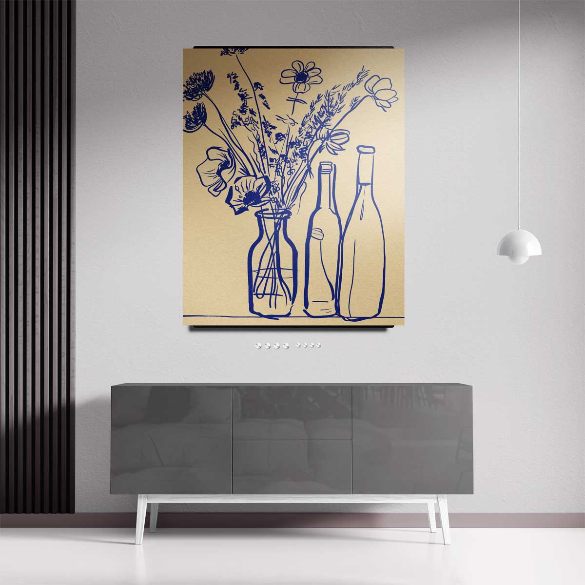 Blauwe Bloemen in Flessen Schilderij – kunstwerk met zwarte baklijst