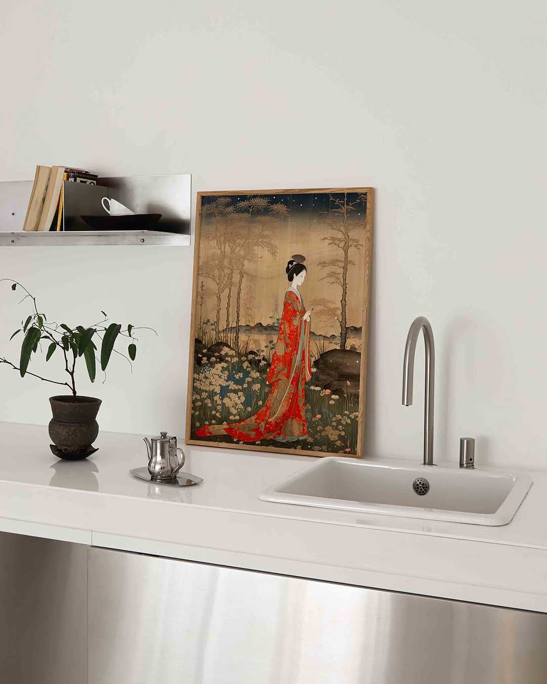 Vrouw in rode kimono – Aziatische poster in staand formaat